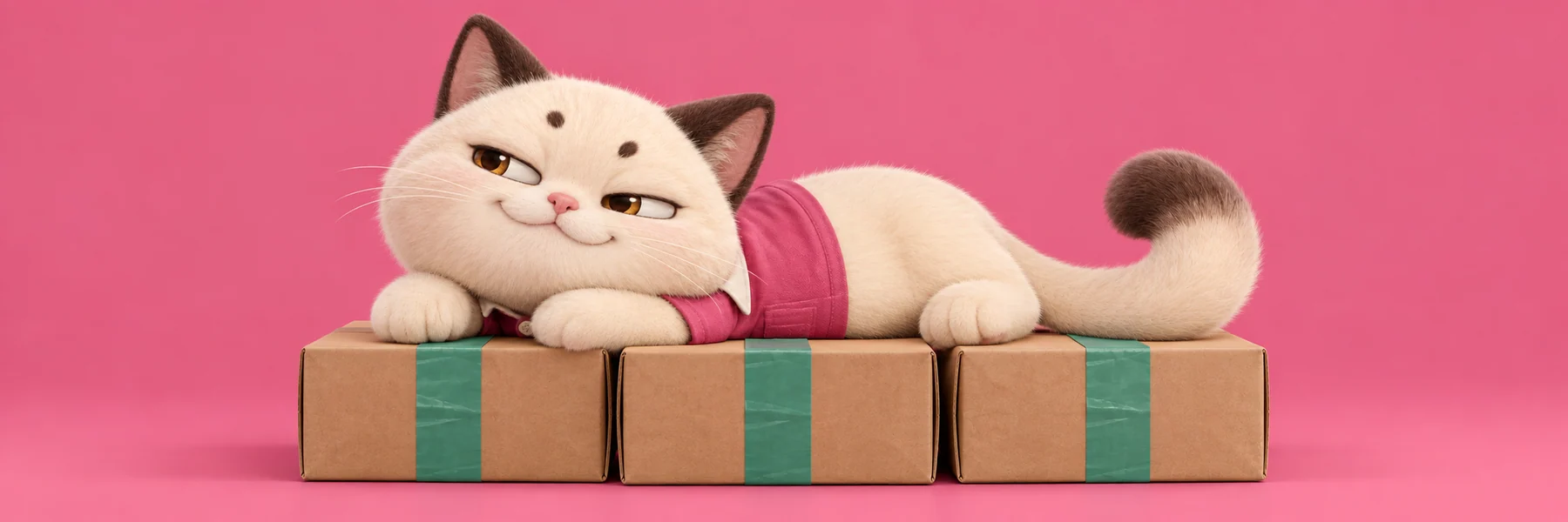 The dispatch cat stretched across three cardboard boxes on a raspberry background.